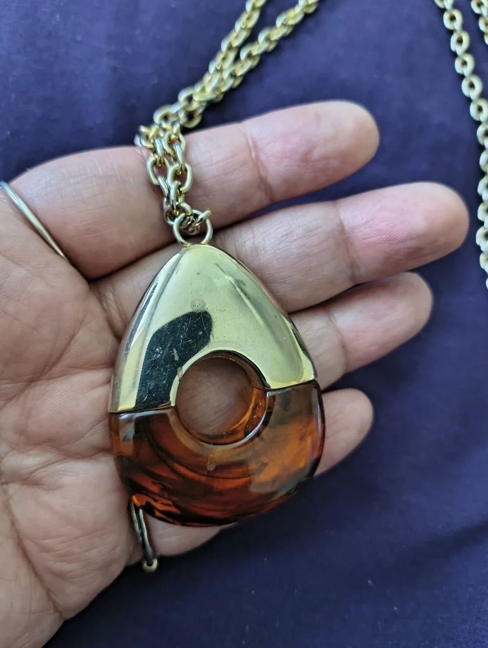 Vintage 1970s Lucite Amber Colored Gold Tone Tear Drop Necklace. Estate Find